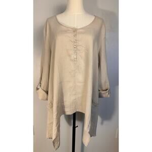 For Cynthia 100% Linen Tunic Top Beige Lagenlook Boho Sharkbite Hem Sz plus 1X